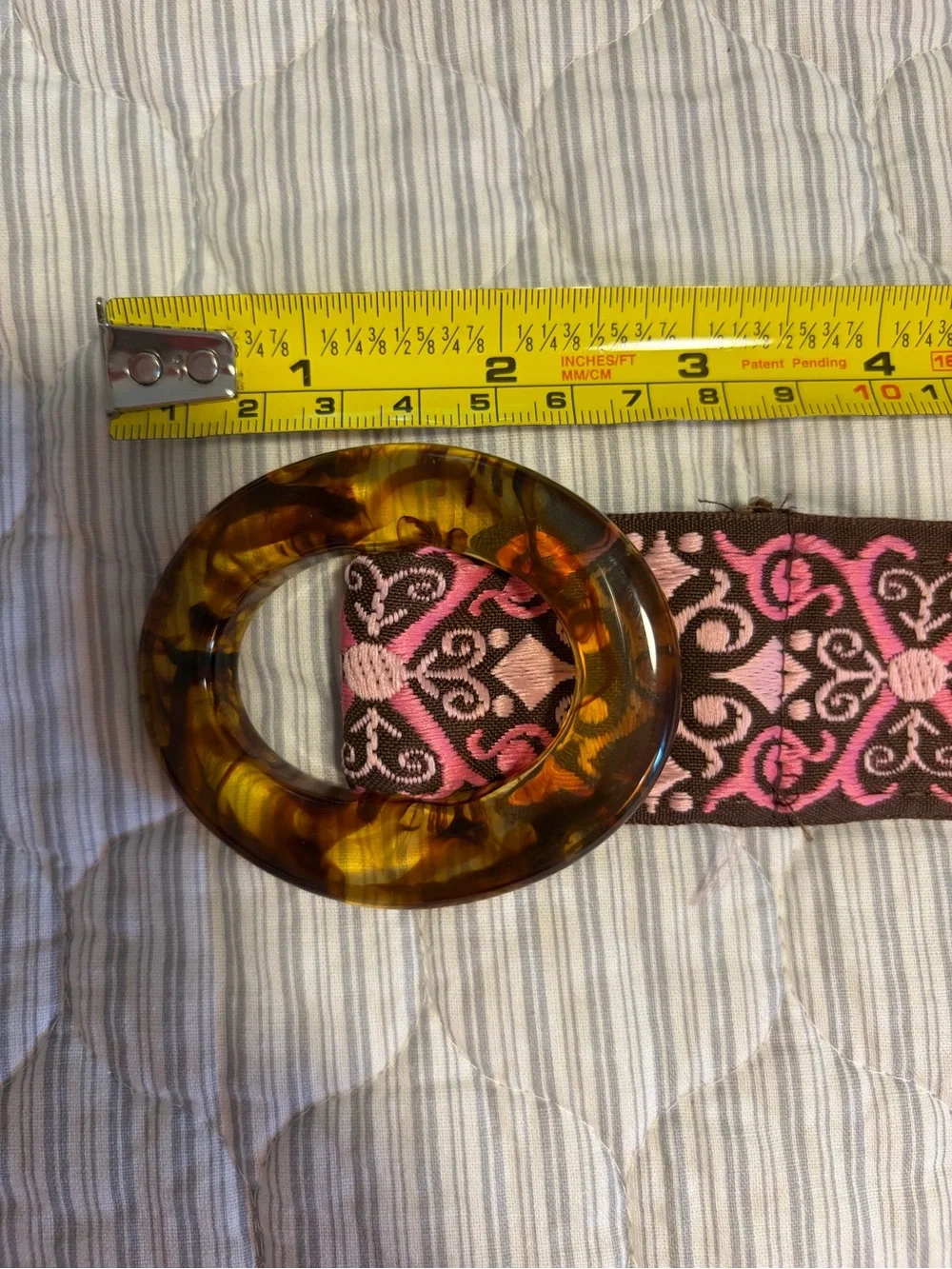 Handmade reversible ribbon belt with faux tortoiseshell buckle